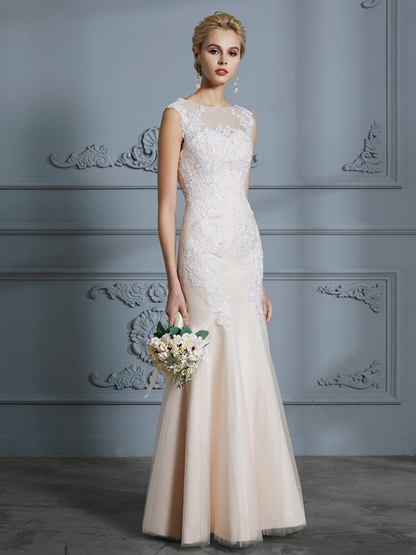 Trumpet/Mermaid Scoop Sleeveless Tulle Applique Floor-Length Wedding Dresses