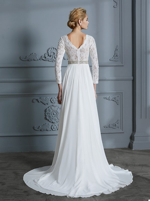 A-Line/Princess 3/4 Sleeves V-neck Lace Sweep/Brush Train Chiffon Wedding Dresses