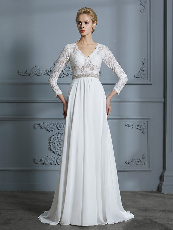 A-Line/Princess 3/4 Sleeves V-neck Lace Sweep/Brush Train Chiffon Wedding Dresses