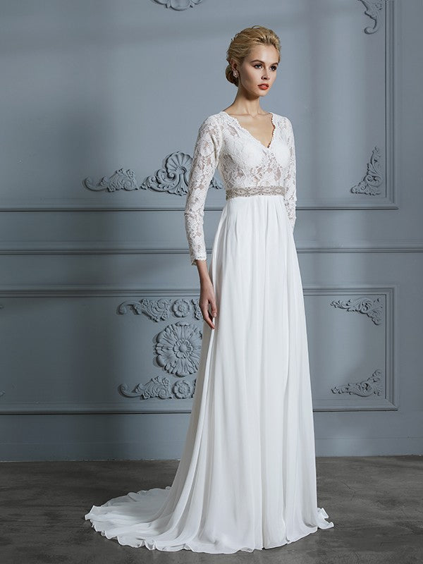 A-Line/Princess 3/4 Sleeves V-neck Lace Sweep/Brush Train Chiffon Wedding Dresses