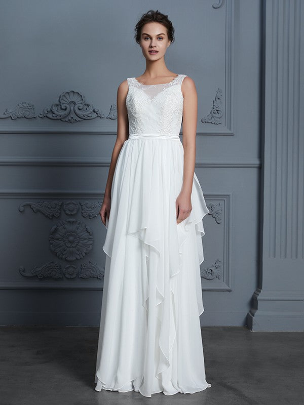 A-Line/Princess Scoop Sleeveless Ruffles Floor-Length Chiffon Wedding Dresses