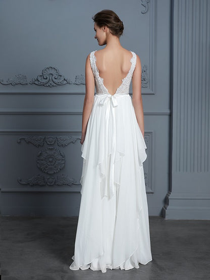 A-Line/Princess Scoop Sleeveless Ruffles Floor-Length Chiffon Wedding Dresses