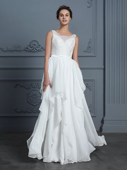 A-Line/Princess Scoop Sleeveless Ruffles Floor-Length Chiffon Wedding Dresses