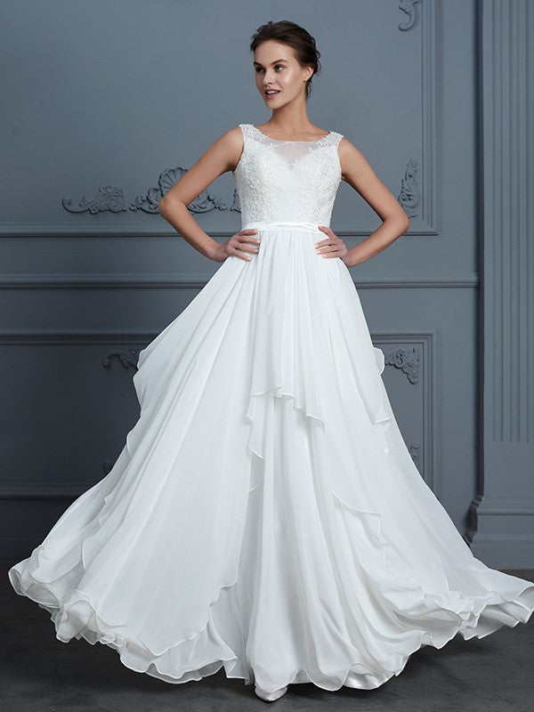 A-Line/Princess Scoop Sleeveless Ruffles Floor-Length Chiffon Wedding Dresses