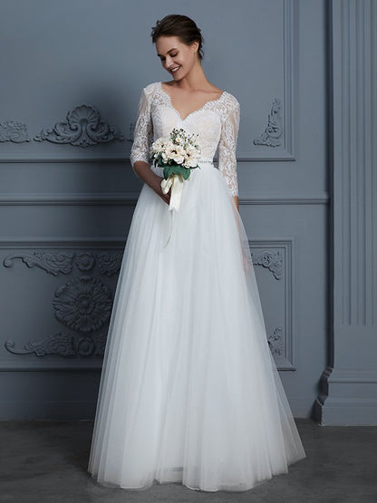 A-Line/Princess V-neck 3/4 Sleeves Floor-Length Lace Tulle Wedding Dresses