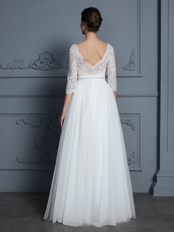 A-Line/Princess V-neck 3/4 Sleeves Floor-Length Lace Tulle Wedding Dresses