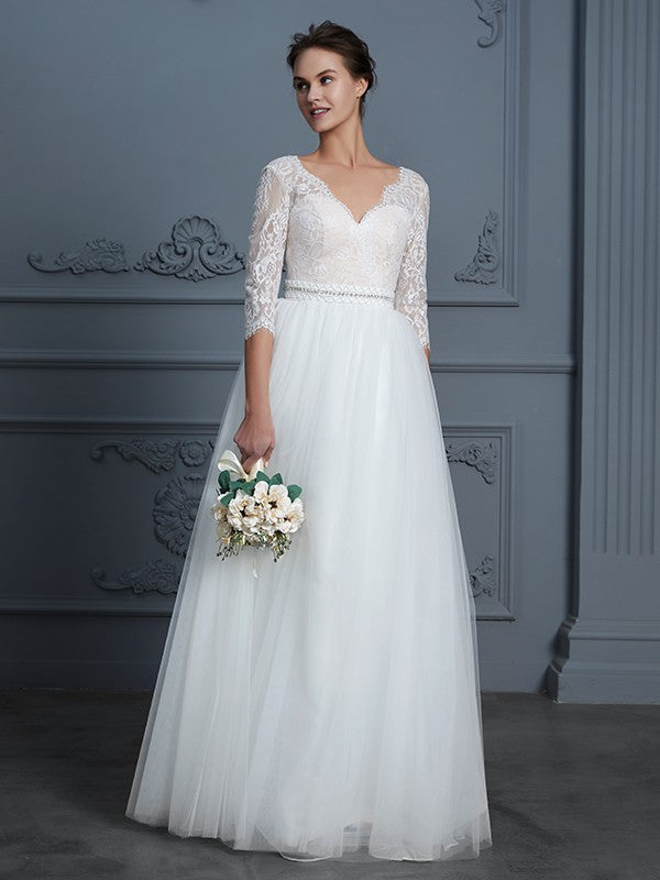 A-Line/Princess V-neck 3/4 Sleeves Floor-Length Lace Tulle Wedding Dresses