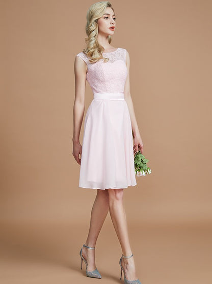 A-Line/Princess Bateau Sleeveless Lace Short/Mini Chiffon Bridesmaid Dresses