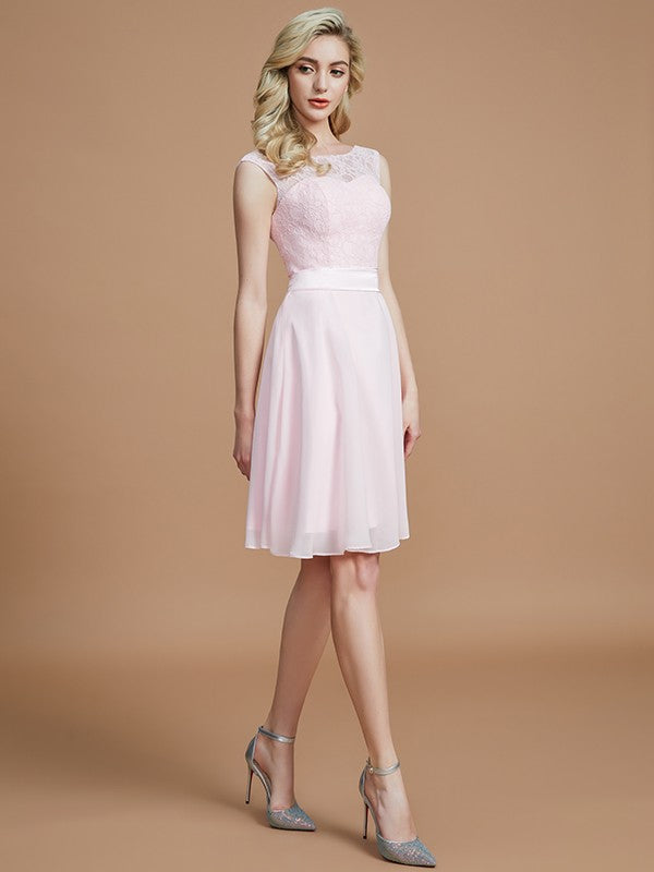 A-Line/Princess Bateau Sleeveless Lace Short/Mini Chiffon Bridesmaid Dresses