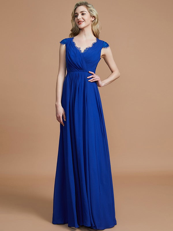 A-Line/Princess V-neck Sleeveless Ruched Floor-Length Chiffon Bridesmaid Dresses