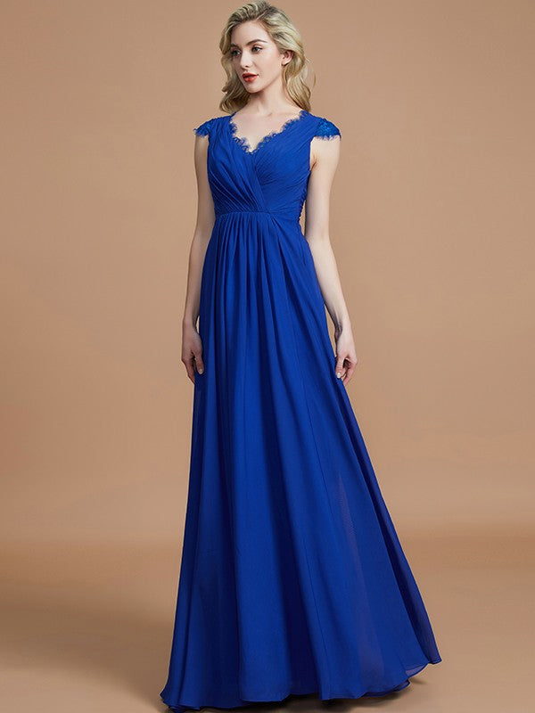 A-Line/Princess V-neck Sleeveless Ruched Floor-Length Chiffon Bridesmaid Dresses