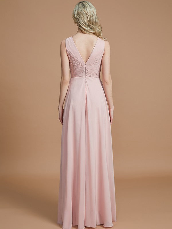 A-Line/Princess V-neck Sleeveless Ruched Floor-Length Chiffon Bridesmaid Dresses