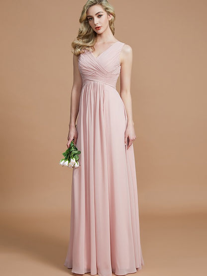 A-Line/Princess V-neck Sleeveless Ruched Floor-Length Chiffon Bridesmaid Dresses