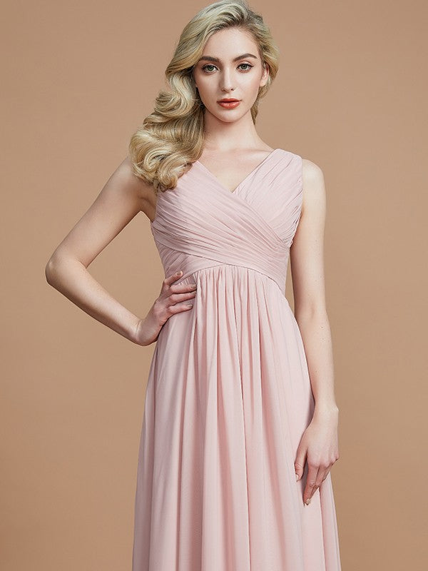 A-Line/Princess V-neck Sleeveless Ruched Floor-Length Chiffon Bridesmaid Dresses