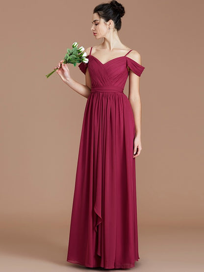 A-Line/Princess Off-the-Shoulder Sleeveless Ruched Floor-Length Chiffon Bridesmaid Dresses