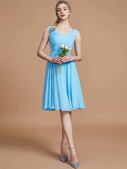 A-Line/Princess V-neck Sleeveless Ruched Short/Mini Chiffon Bridesmaid Dresses