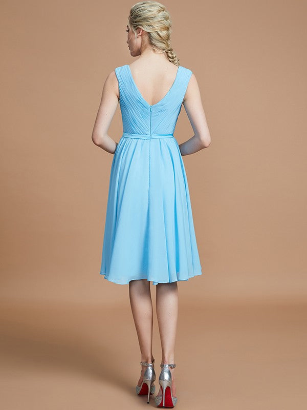 A-Line/Princess V-neck Sleeveless Ruched Short/Mini Chiffon Bridesmaid Dresses