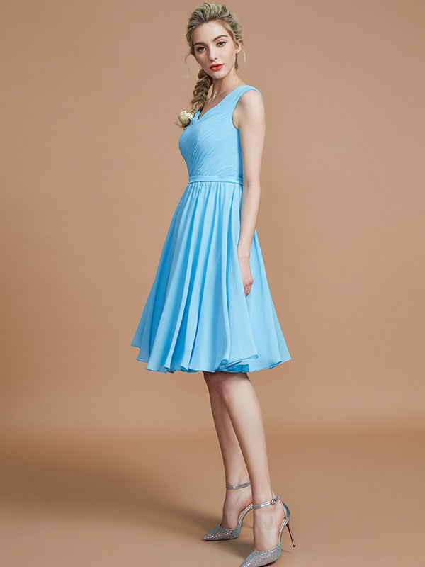 A-Line/Princess V-neck Sleeveless Ruched Short/Mini Chiffon Bridesmaid Dresses