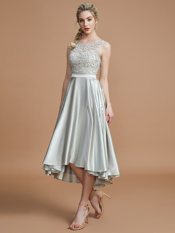 A-Line/Princess Bateau Sleeveless Ruffles Asymmetrical Silk like Satin Bridesmaid Dresses