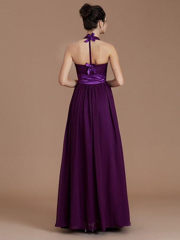 A-Line/Princess Halter Sleeveless Sash/Ribbon/Belt Floor-Length Chiffon Bridesmaid Dresses