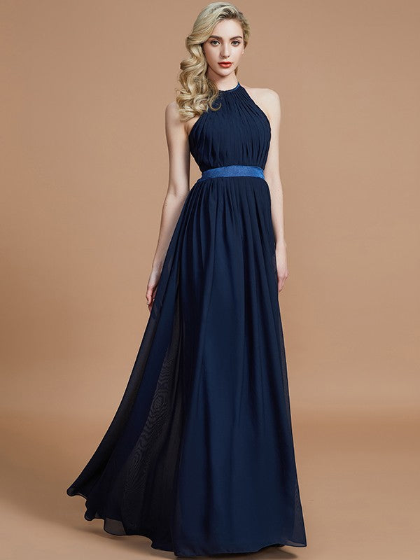 A-Line/Princess Halter Sleeveless Ruched Floor-Length Chiffon Bridesmaid Dresses