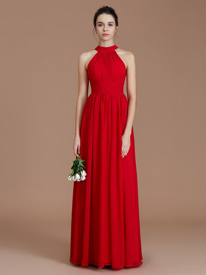 A-Line/Princess Halter Sleeveless Ruched Floor-Length Chiffon Bridesmaid Dresses