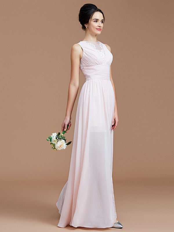 A-Line/Princess Jewel Sleeveless Ruched Floor-Length Chiffon Bridesmaid Dresses