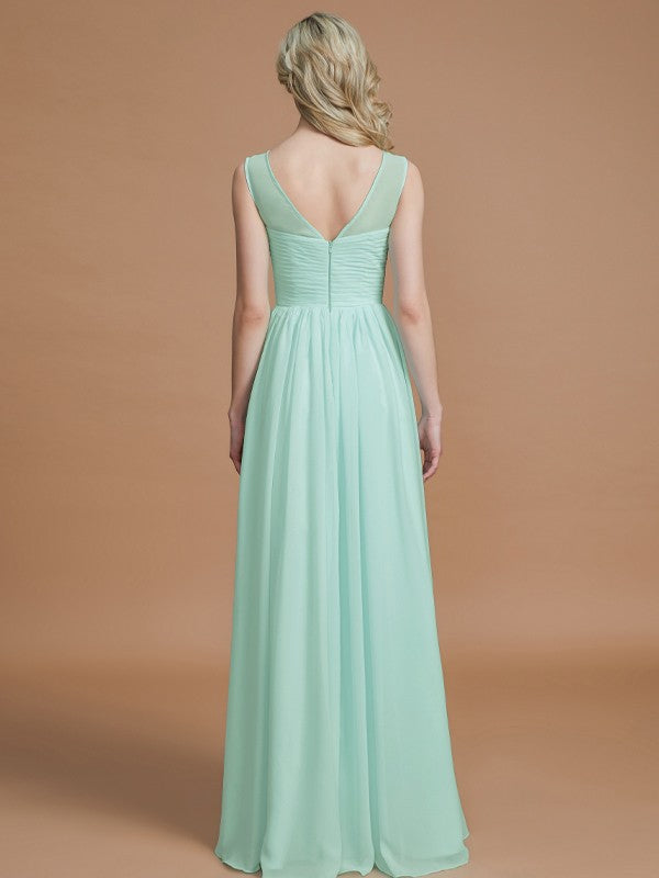 A-Line/Princess Scoop Sleeveless Floor-Length Chiffon Bridesmaid Dresses