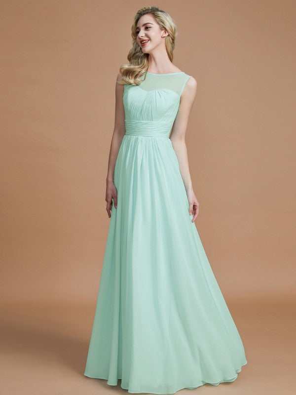 A-Line/Princess Scoop Sleeveless Floor-Length Chiffon Bridesmaid Dresses