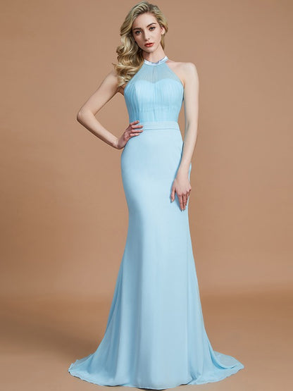 Trumpet/Mermaid Sleeveless Scoop Sweep/Brush Train Chiffon Bridesmaid Dresses