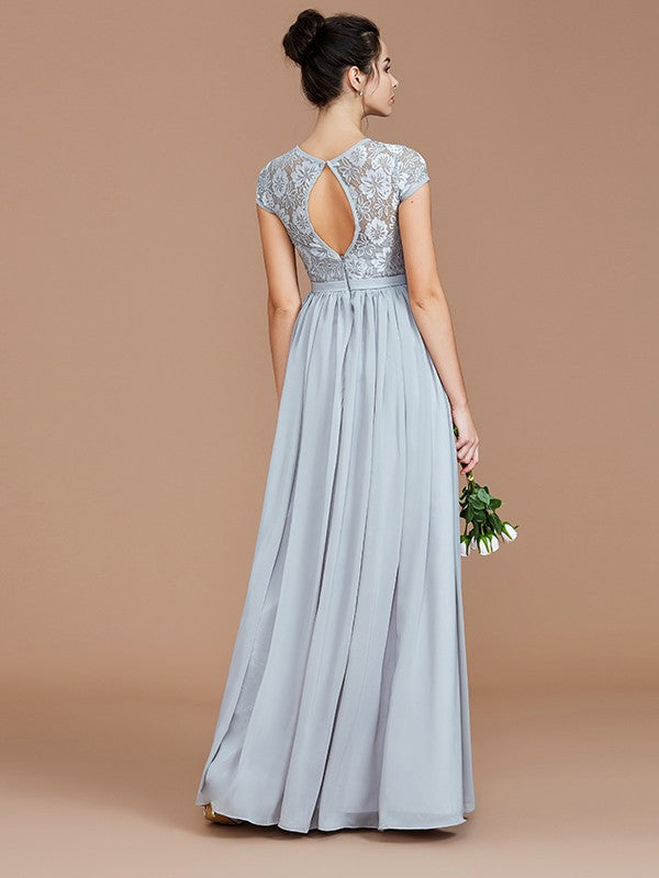 A-Line/Princess Jewel Short Sleeves Lace Floor-Length Chiffon Bridesmaid Dresses