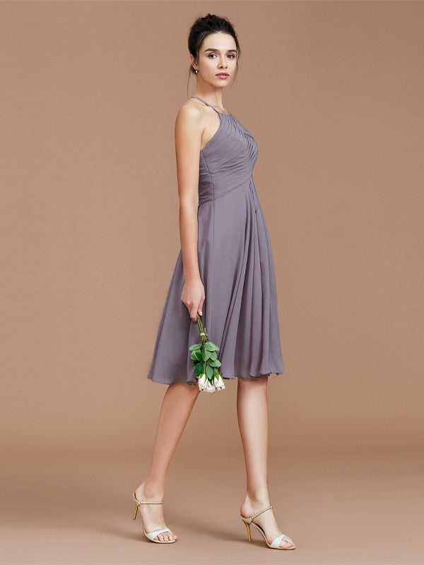 A-Line/Princess Halter Sleeveless Ruched Short/Mini Chiffon Bridesmaid Dresses