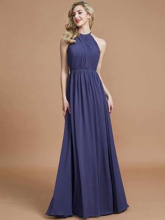 A-Line/Princess Scoop Chiffon Sleeveless Floor-Length Bridesmaid Dresses