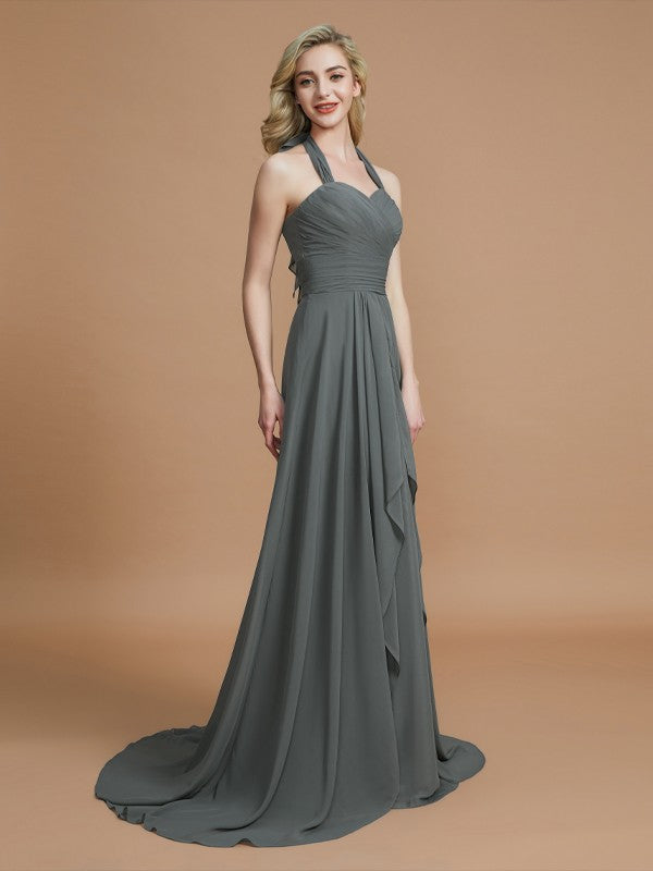 A-Line/Princess Halter Sleeveless Chiffon Sweep/Brush Train Bridesmaid Dresses