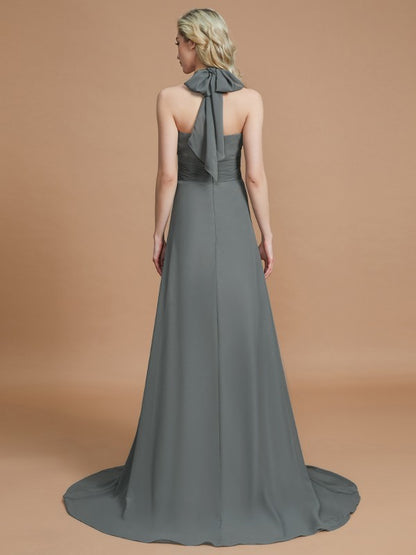 A-Line/Princess Halter Sleeveless Chiffon Sweep/Brush Train Bridesmaid Dresses