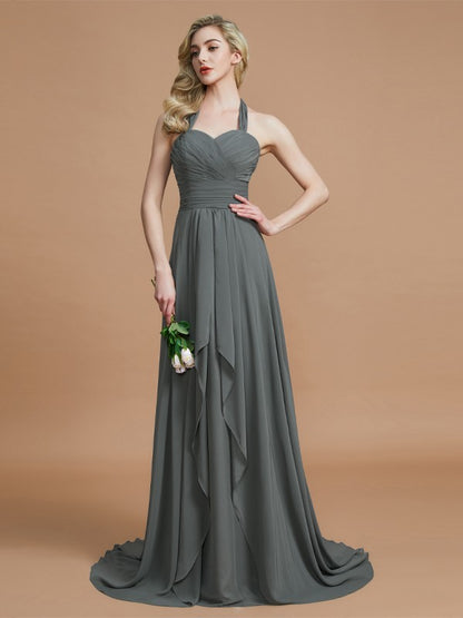 A-Line/Princess Halter Sleeveless Chiffon Sweep/Brush Train Bridesmaid Dresses