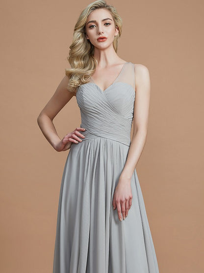 A-Line/Princess V-neck Chiffon Floor-Length Sleeveless Bridesmaid Dresses