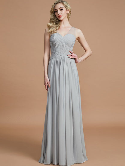 A-Line/Princess V-neck Chiffon Floor-Length Sleeveless Bridesmaid Dresses