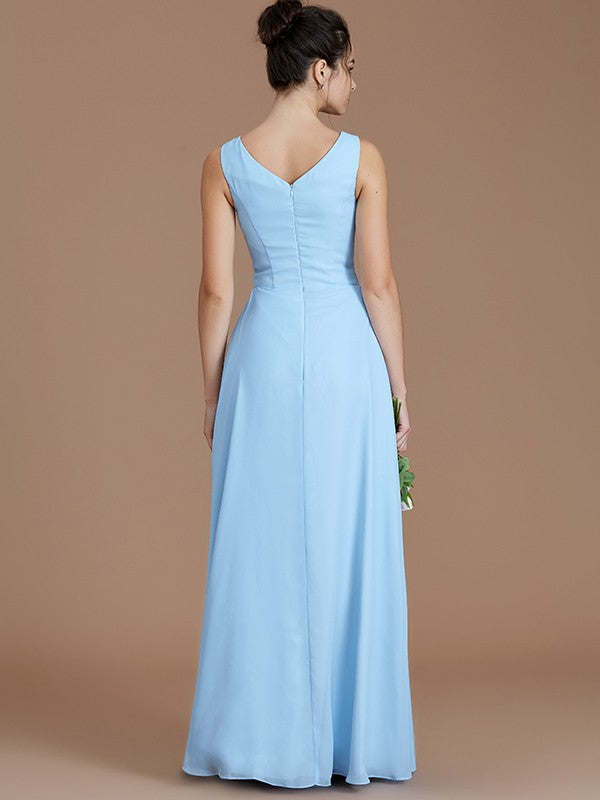 A-Line/Princess V-neck Sleeveless Ruched Floor-Length Chiffon Bridesmaid Dresses