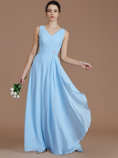 A-Line/Princess V-neck Sleeveless Ruched Floor-Length Chiffon Bridesmaid Dresses