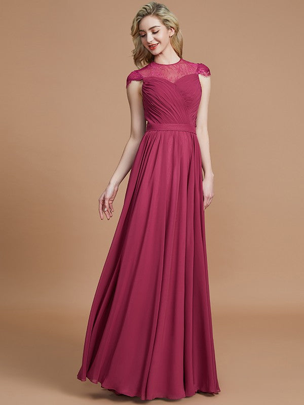 A-Line/Princess Scoop Short Sleeves Chiffon Floor-Length Bridesmaid Dresses