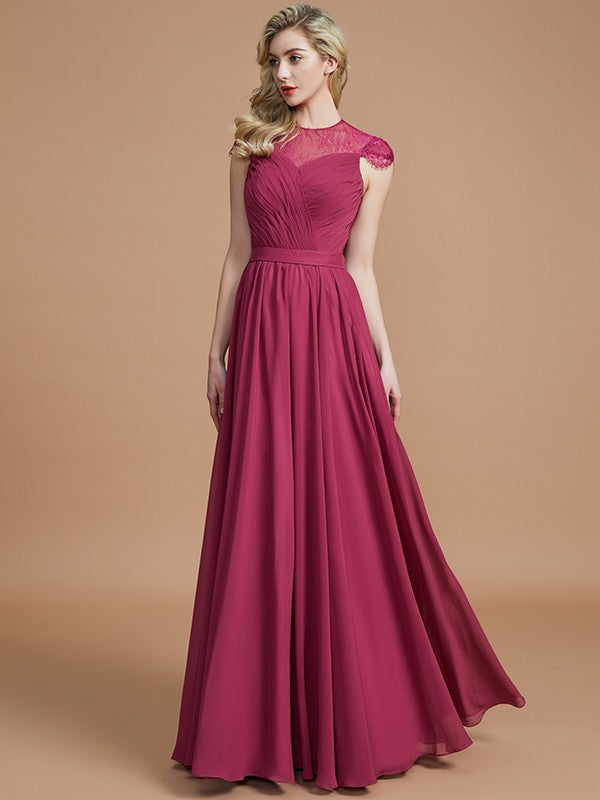 A-Line/Princess Scoop Short Sleeves Chiffon Floor-Length Bridesmaid Dresses