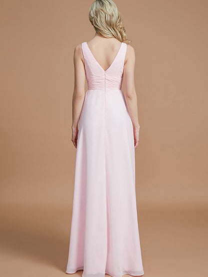 A-Line/Princess Sleeveless Floor-Length Chiffon V-neck Bridesmaid Dresses