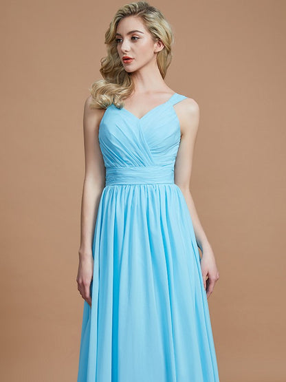 A-Line/Princess V-neck Chiffon Floor-Length Sleeveless Bridesmaid Dresses