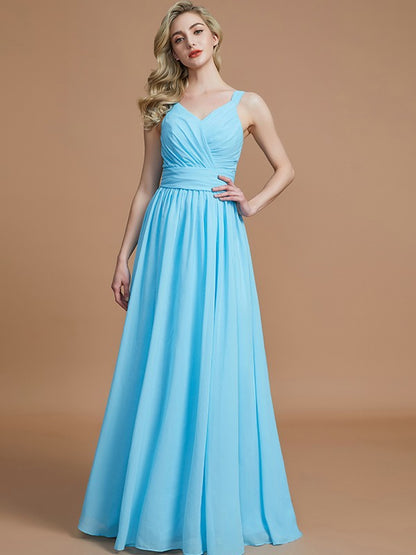 A-Line/Princess V-neck Chiffon Floor-Length Sleeveless Bridesmaid Dresses