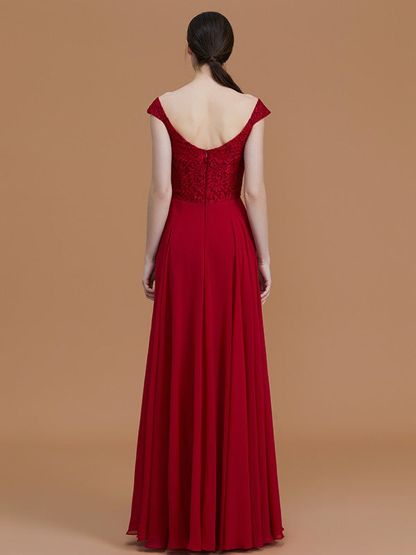 A-Line/Princess V-neck Sleeveless Floor-Length Lace Chiffon Bridesmaid Dresses