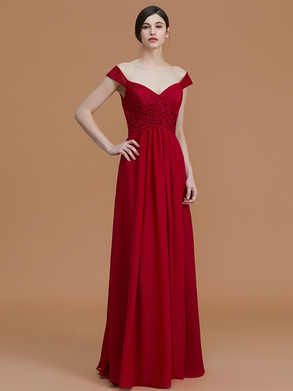 A-Line/Princess V-neck Sleeveless Floor-Length Lace Chiffon Bridesmaid Dresses