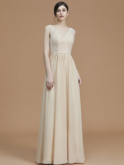 A-Line/Princess V-neck Sleeveless Floor-Length Ruffles Chiffon Bridesmaid Dresses