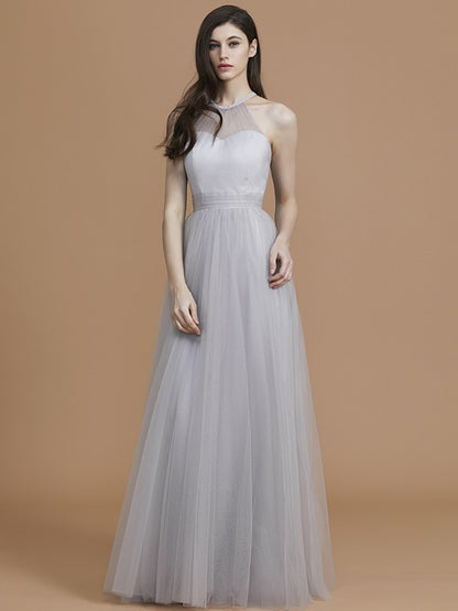 A-Line/Princess Halter Sleeveless Floor-Length Ruffles Tulle Bridesmaid Dresses