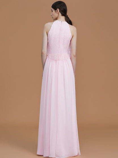 A-Line/Princess Halter Sleeveless Floor-Length Ruffles Chiffon Bridesmaid Dresses